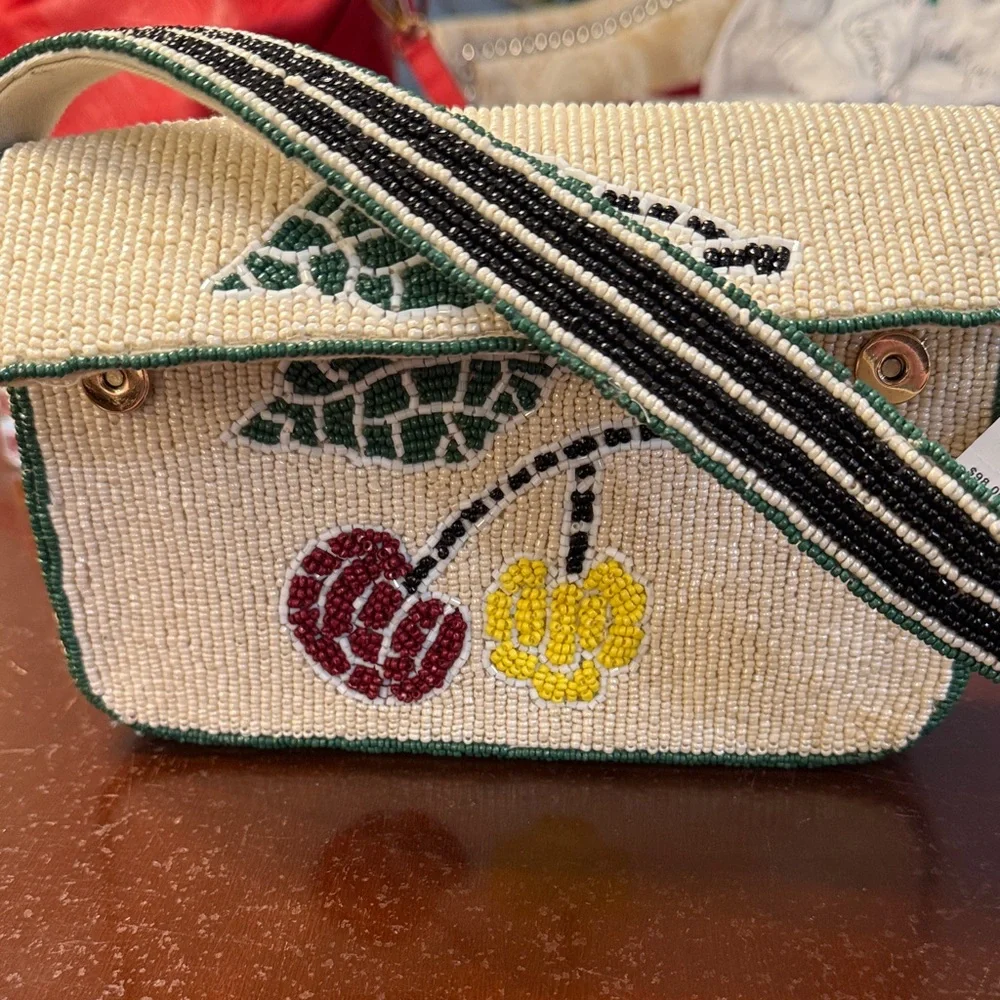 Beaded Cherry Crossbody Bag in Cream with Green Trim